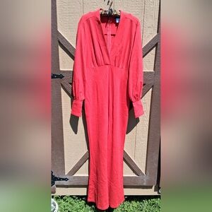 VENUS Coral-Red Long Sleeve V-Neck Maxi Dress